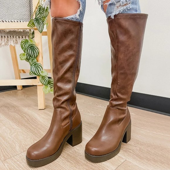 NEW🔥 Brown Stretch Knee High Boots Chunky Block Heel Platform w/Zipper - Picture 1 of 4